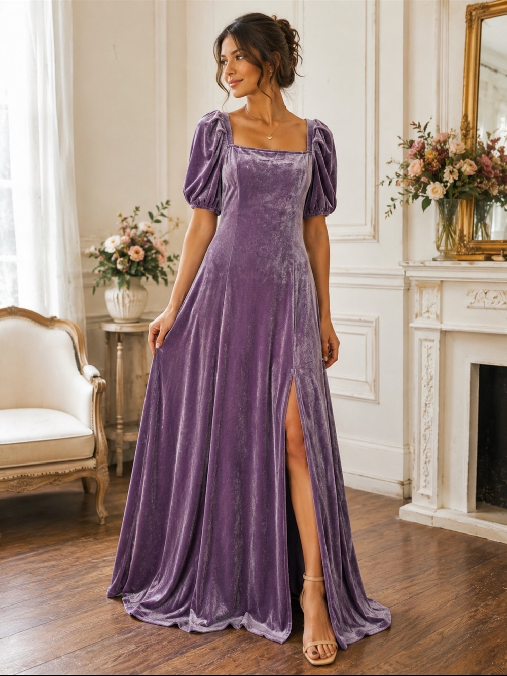 Jessakae Lavender Velvet Maxi Dress Puff Sleeve Square Neck Formal Gown Size Med